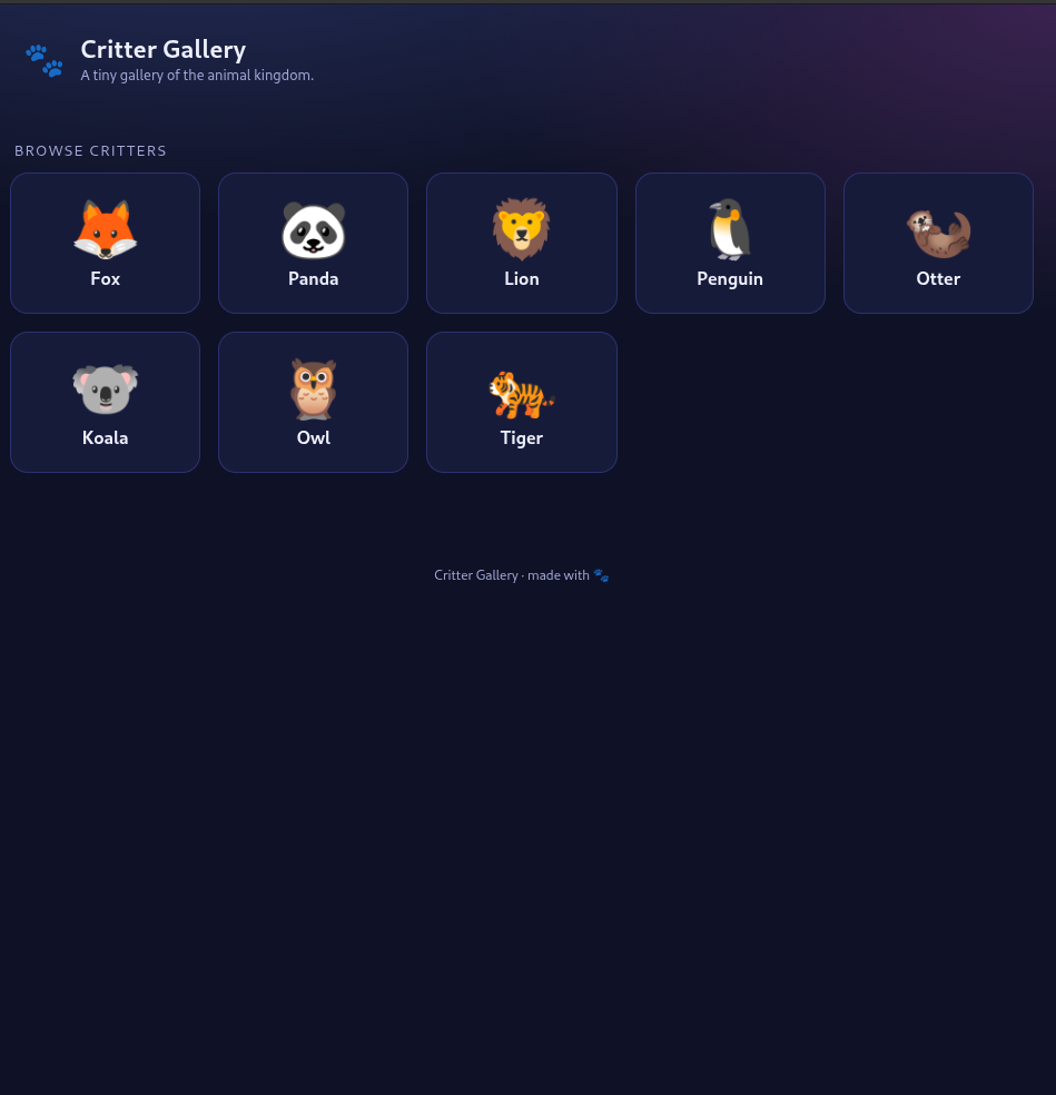 The Critter Gallery landing page -- eight animal tiles arranged in a grid