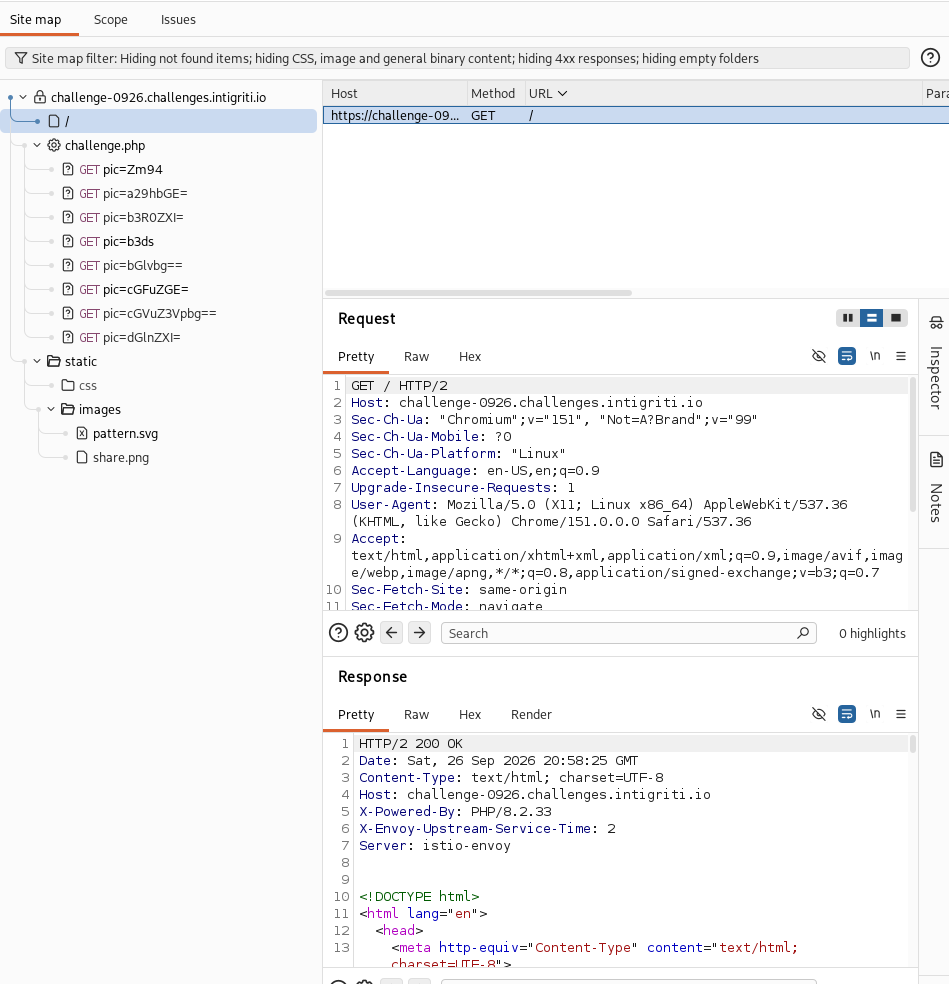 Burp Suite showing the HTTP request and response headers, including X-Powered-By: PHP/8.2.33