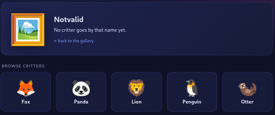 Fallback behavior -- "No critter goes by that name yet" message displayed for invalid input